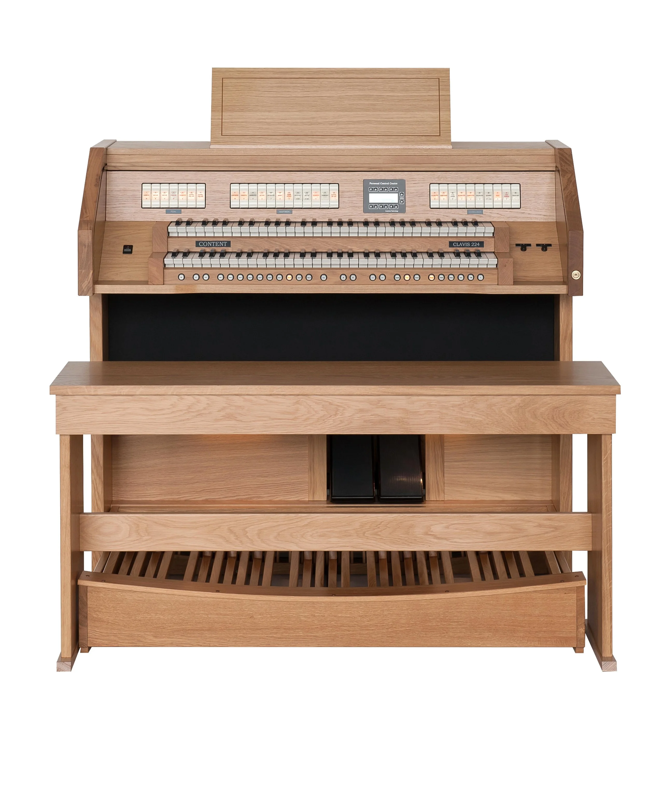 A wooden digital organ with multiple keyboards, control buttons, and a music stand.
