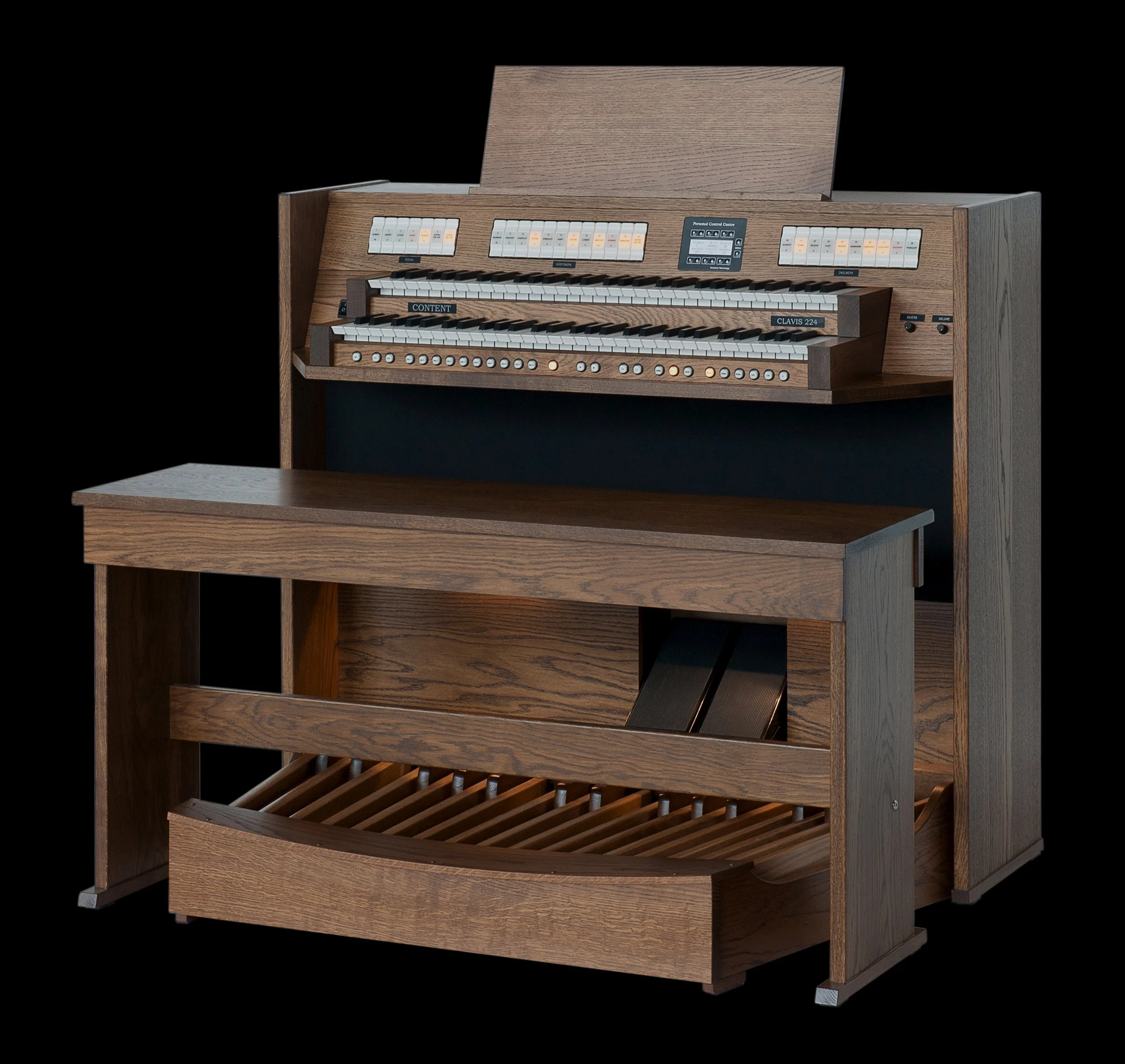 A vintage pipe organ with wooden casing and multiple manuals, control switches, and foot pedals against a black background.