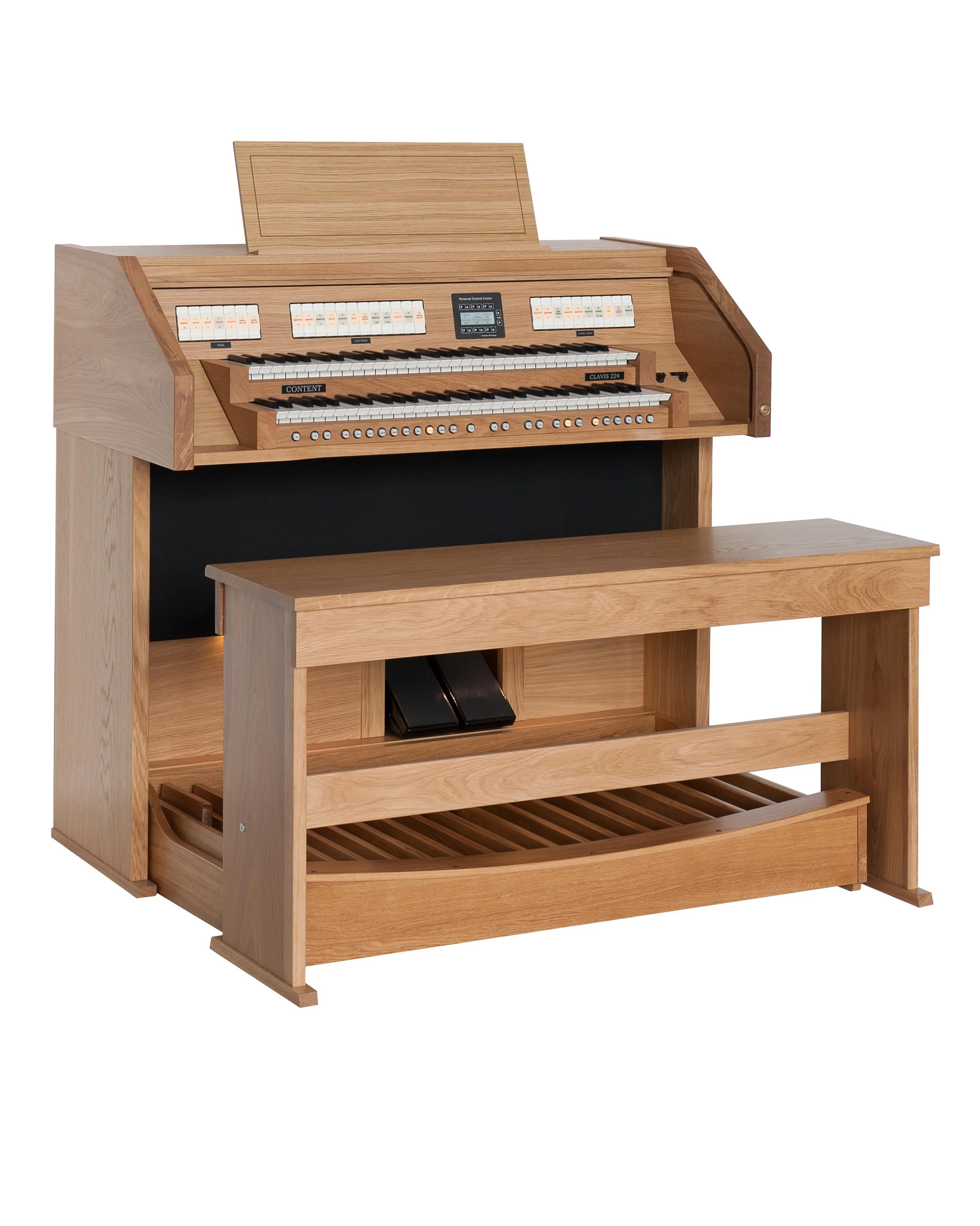 A wooden Pipe Organ with multiple keys, switches, and pedals.