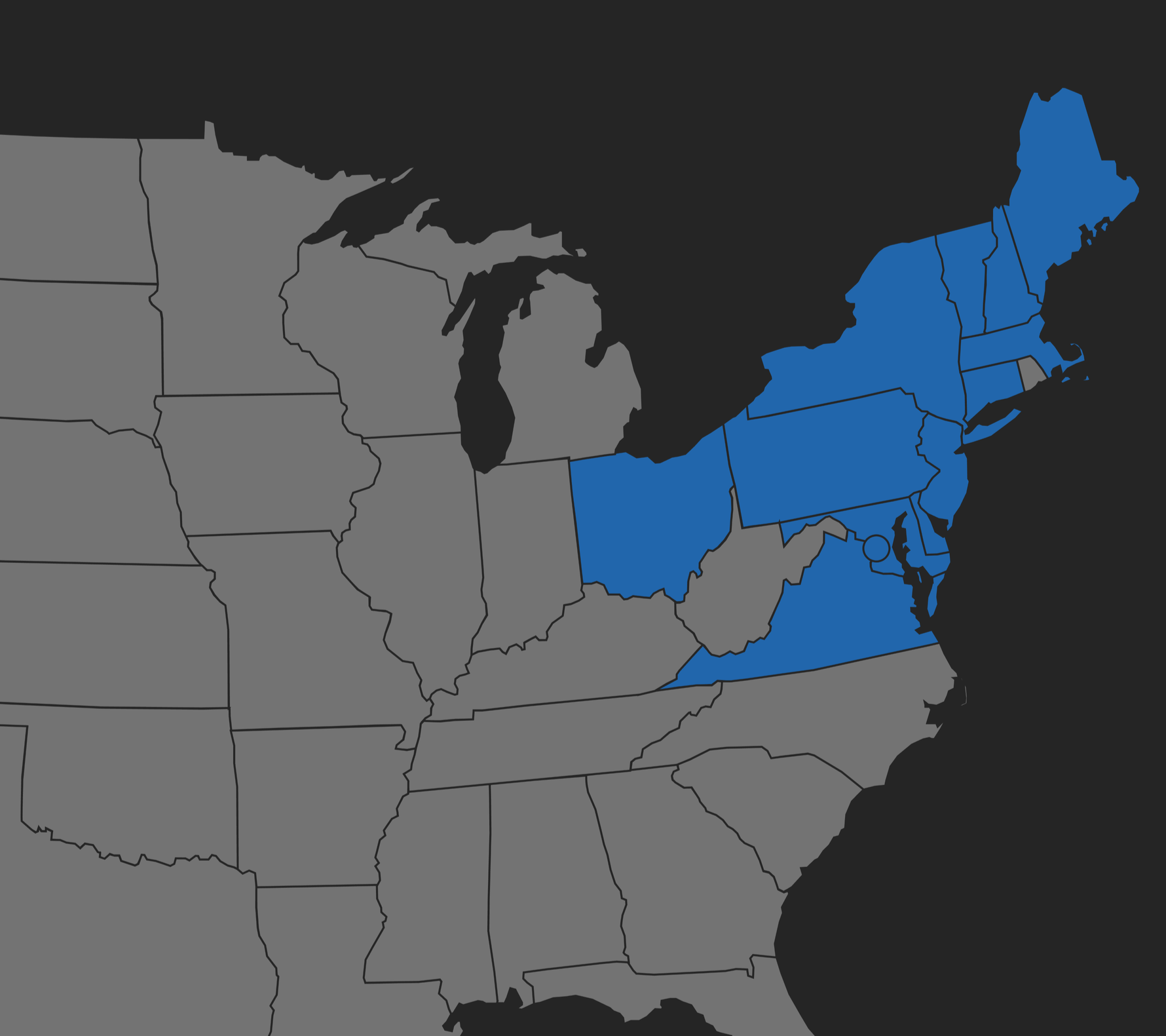Map of the United States with several states highlighted in blue, including New York and other states in the eastern part of the country.