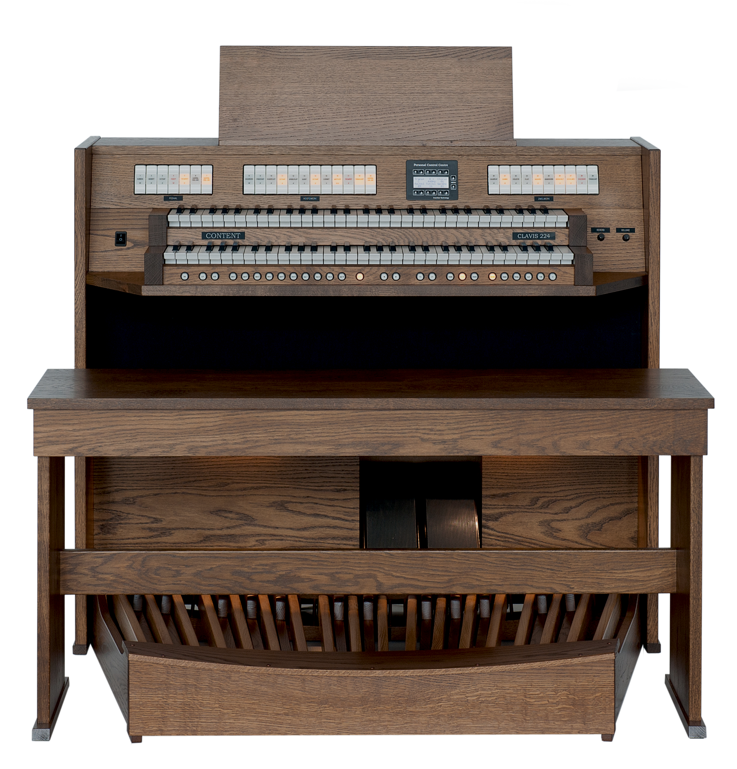 A vintage wooden church organ with multiple keyboards, stop buttons, and control panels.