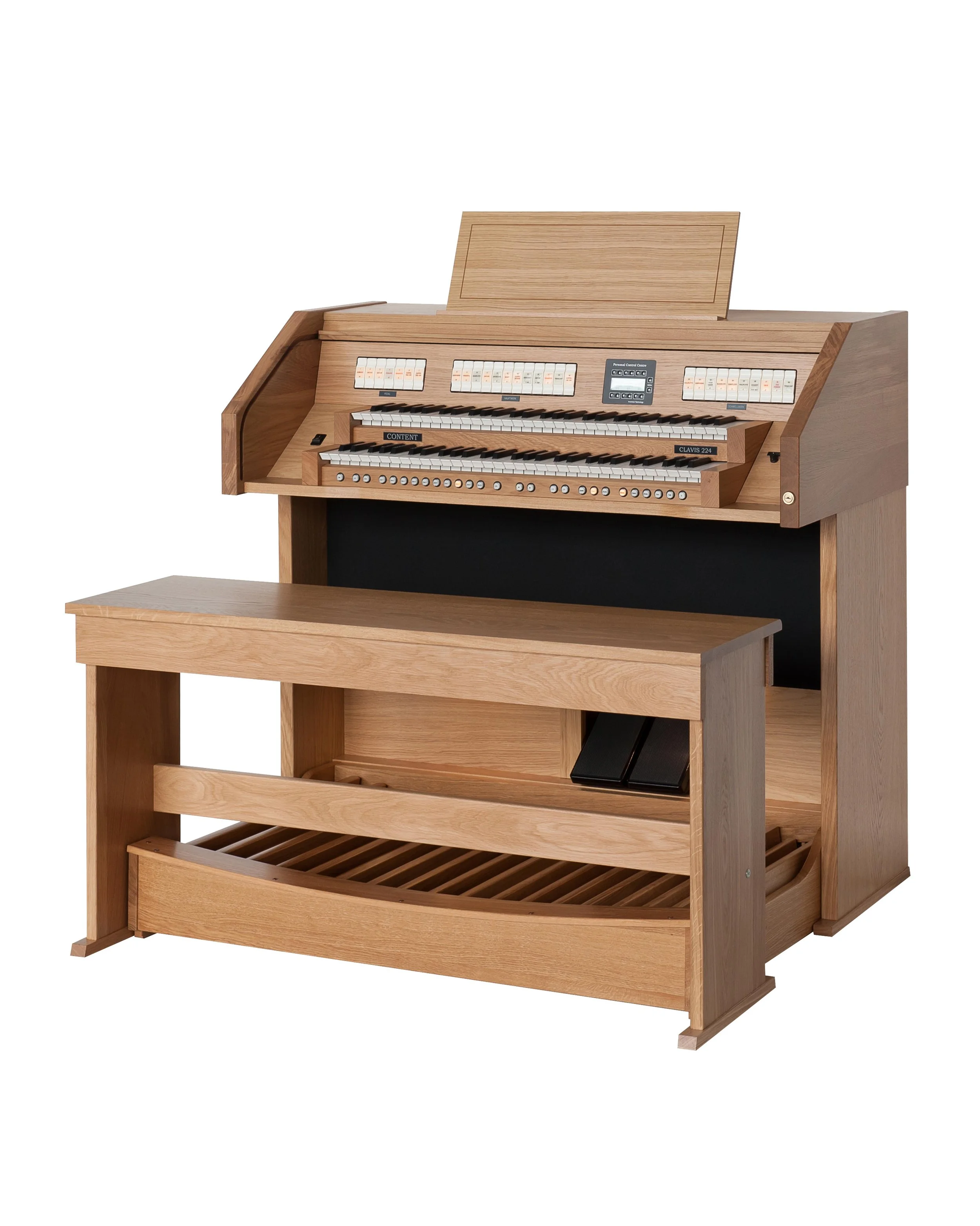 A wooden digital pipe organ with two manuals, a pedalboard, and control buttons.