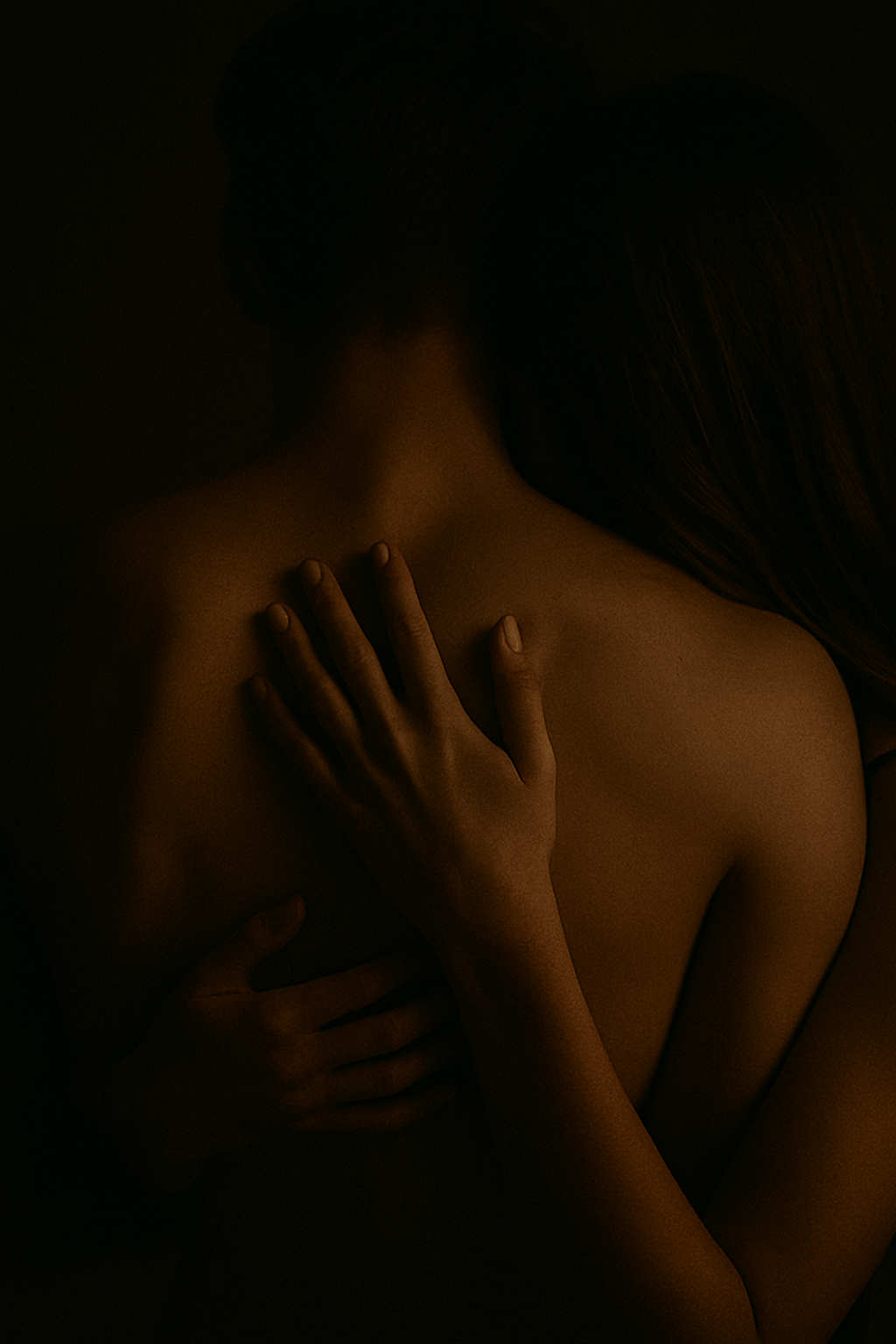 Nahaufnahme von zwei Menschen, die sich liebevoll umarmen, mit Fokus auf die Schulter, Rücken und Hände in einem dunklen Licht.