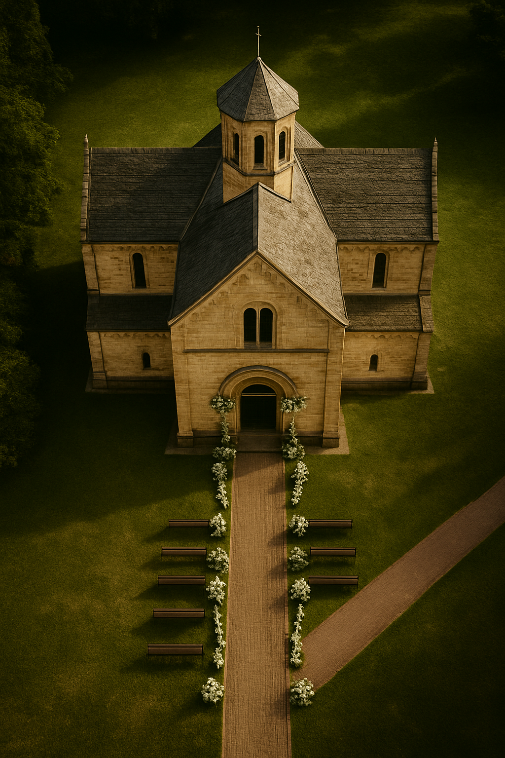 Luftaufnahme einer alten Kirche mit Blumen vor dem Eingang, umgeben von Grünflächen und Bänken.
