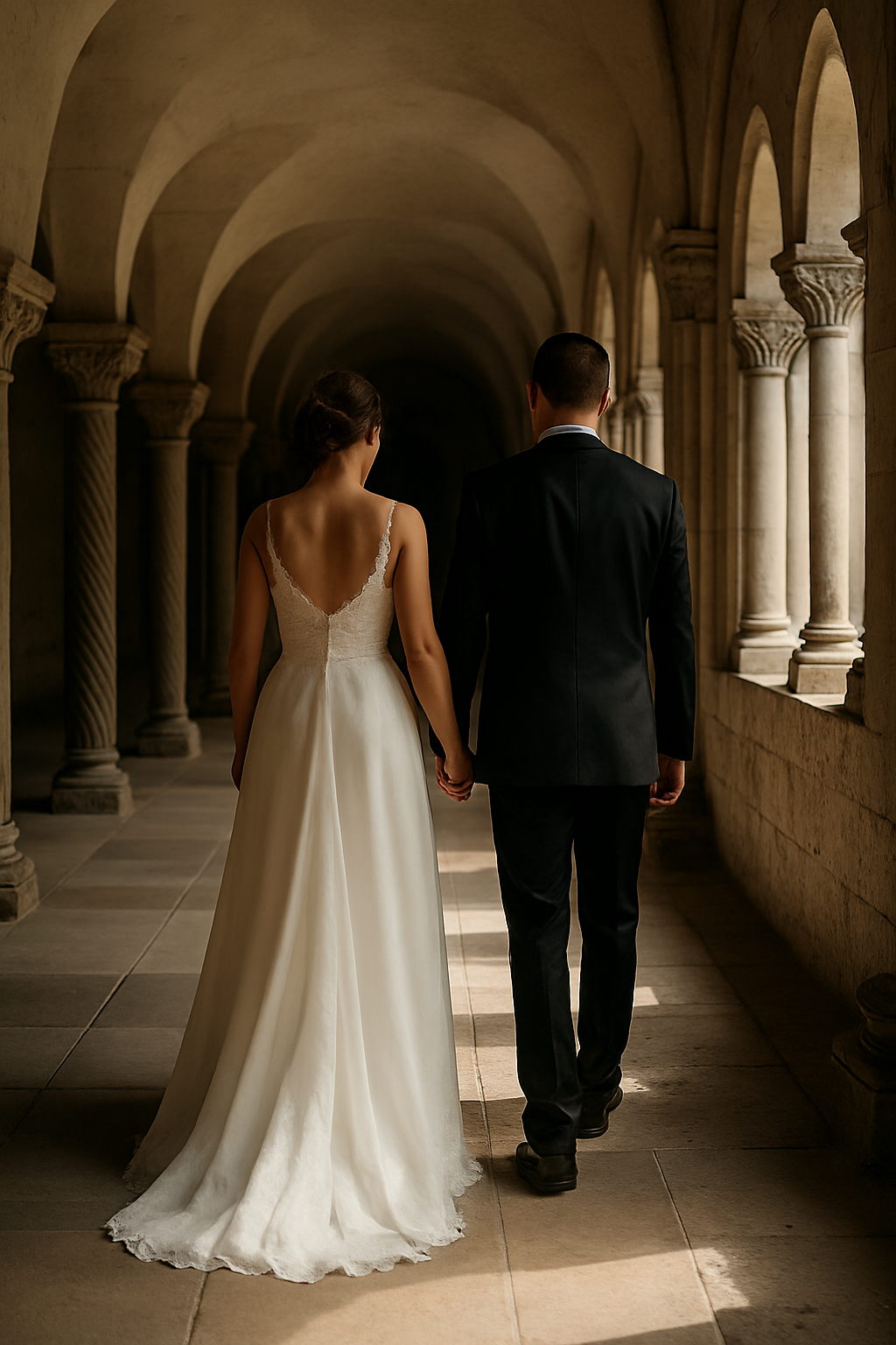 Ein Brautpaar trägt sich in einer alten, stone-Archway, die natürlichem Licht durch die Fenster strömt, während sie Hand in Hand gehen.