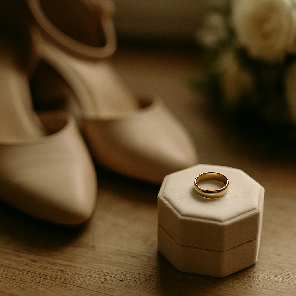 Ein goldener Ring liegt auf einem weißen, sechseckigen Schmuckkästchen. Im Hintergrund sind weiße elegante Schuhe und weiße Rosen sichtbar.