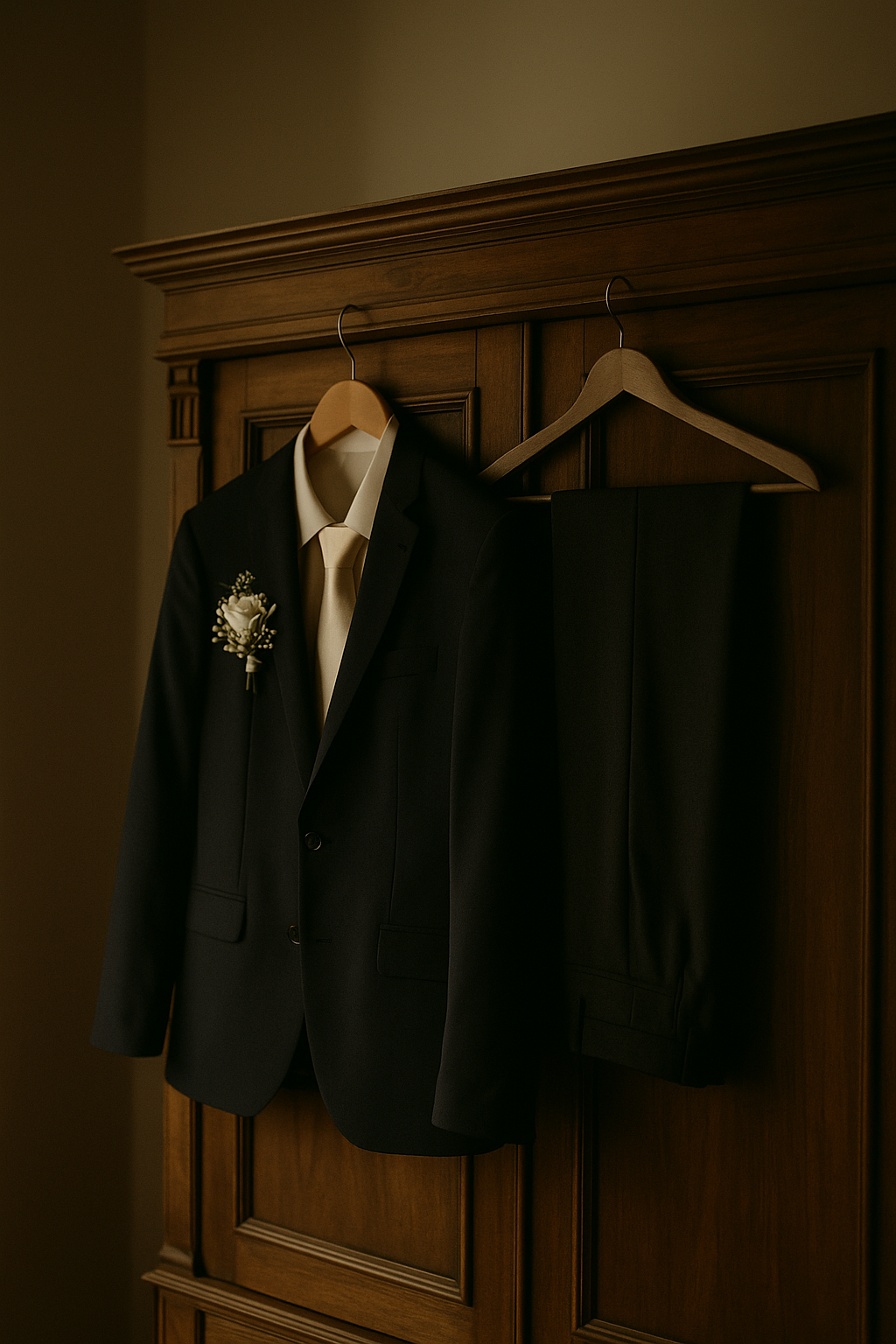 Ein schwarzer Anzug mit weißem Hemd und einer cremefarbenen Krawatte, aufgehängt an einem Holzkleiderbügel auf einem Holzschrank. Der Anzug hat eine weiße Blume als boutonnière.
