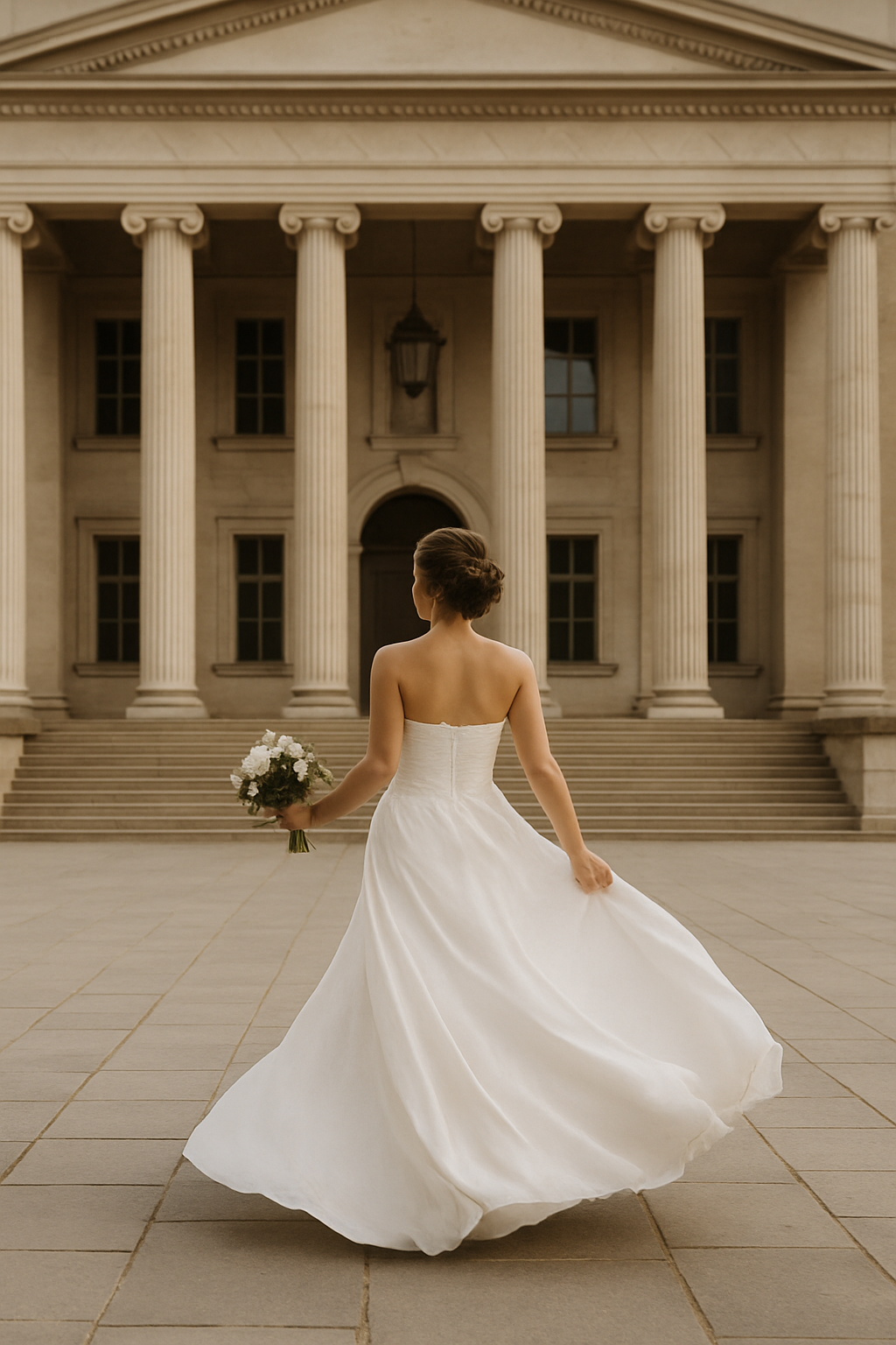 Braut in weißem Hochzeitskleid mit einem Strauß Blumen vor einer alten, klassizistischen Regierungsgebäude mit Säulen