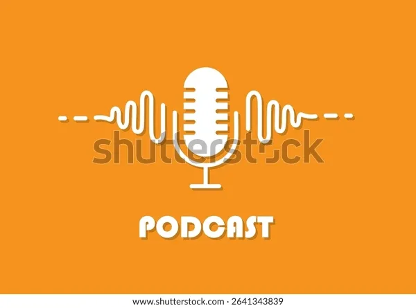 Orange background with a white radio microphone icon and sound wave lines on each side, and the word "PODCAST" below.