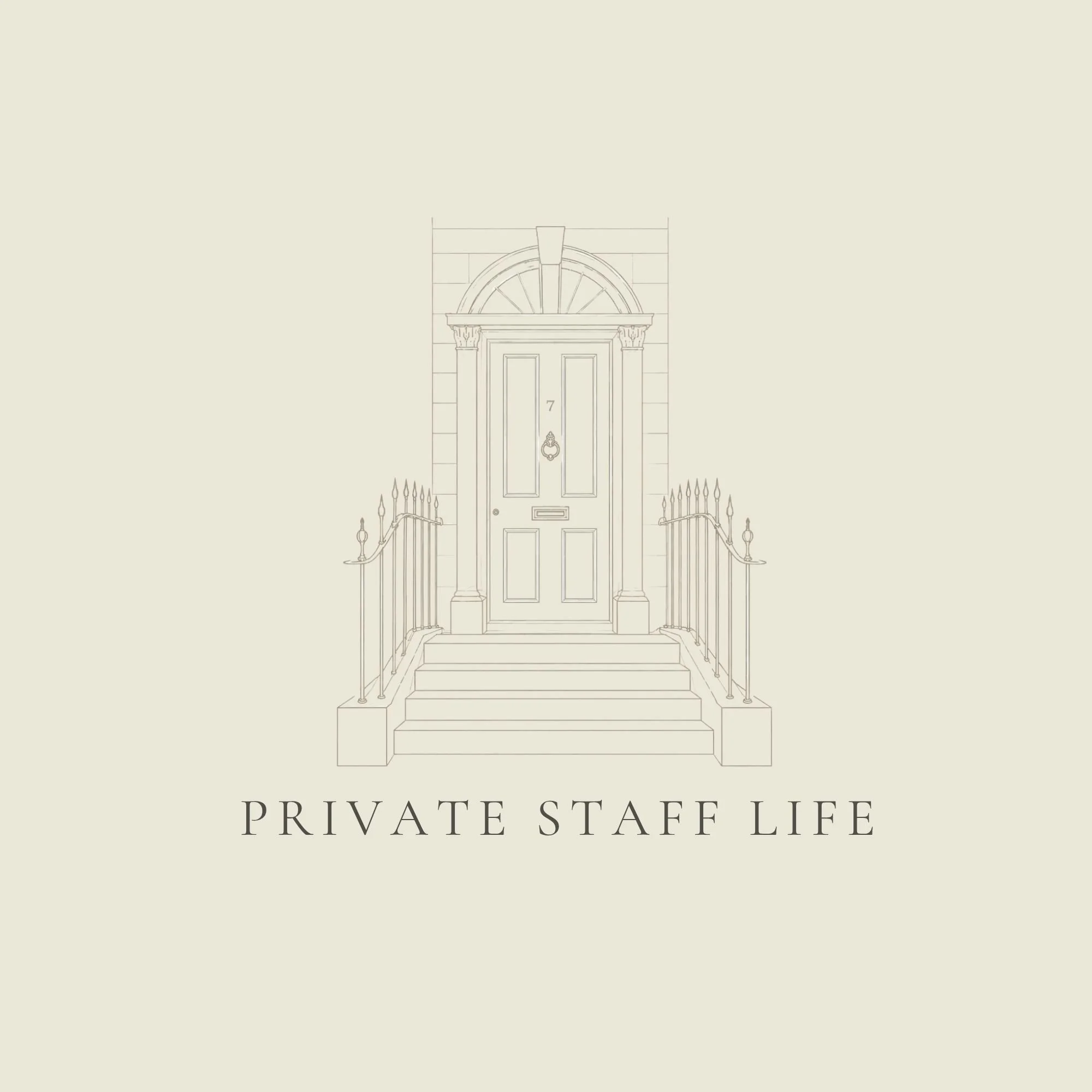Line drawing of a house entrance with stairs, columns, and an arched window above the door, with the text 'Private Staff Life' below.