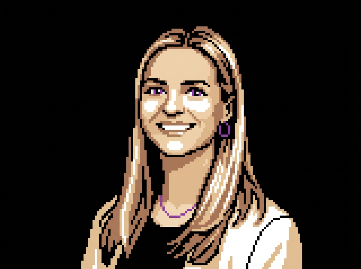 Pixel art portrait of a smiling woman with long blonde hair, purple eyes, purple earrings, and a purple necklace against a black background.