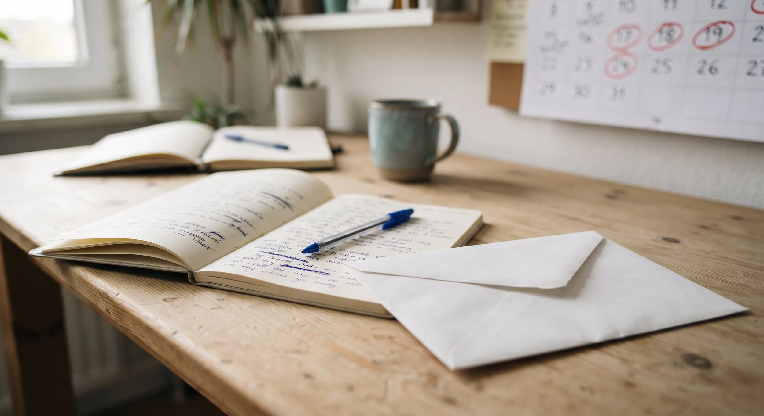 Un bureau en bois avec un carnet ouvert, un stylo dessus, une enveloppe, une tasse et un agenda. La scène est éclairée par la lumière naturelle à côté d'une fenêtre.