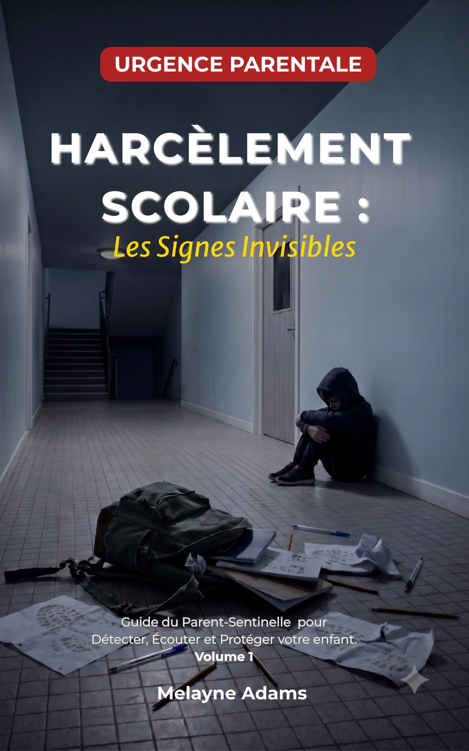 Une entrée sombre dans un bâtiment scolaire, un adolescent assis seul contre le mur, veste à capuche noire, avec des sacs et des papiers éparpillés sur le sol, évoquant le harcèlement scolaire.