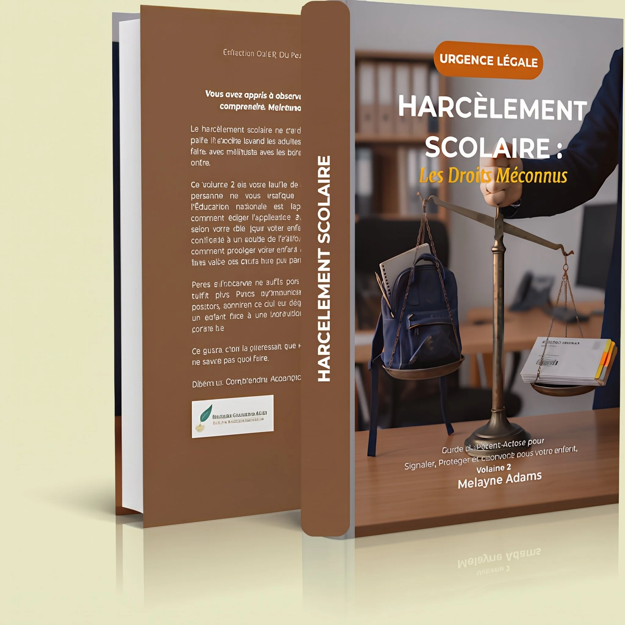 Affiche informant sur le harcèlement scolaire et ses droits, avec une main tenant une balance. Affichage en français, avec mention urgent liée à une situation légale d'urgence.