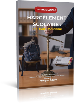 Couverture d'un livre intitulé 'Harcelement Scolaire: Les Droits Méconnus', avec une balance de justice sur une table.