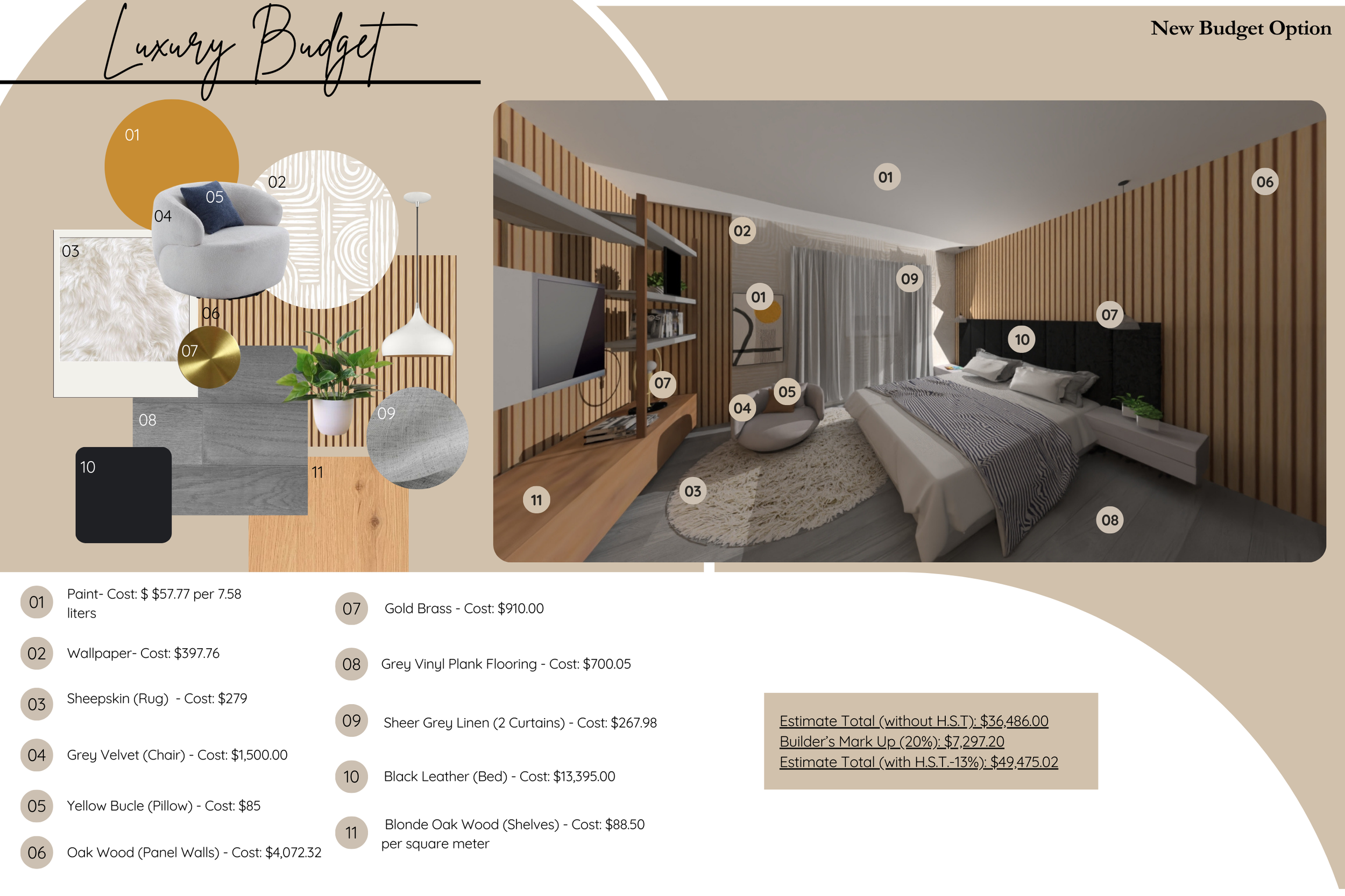 Luxury Budget
Material selection, mood board and details