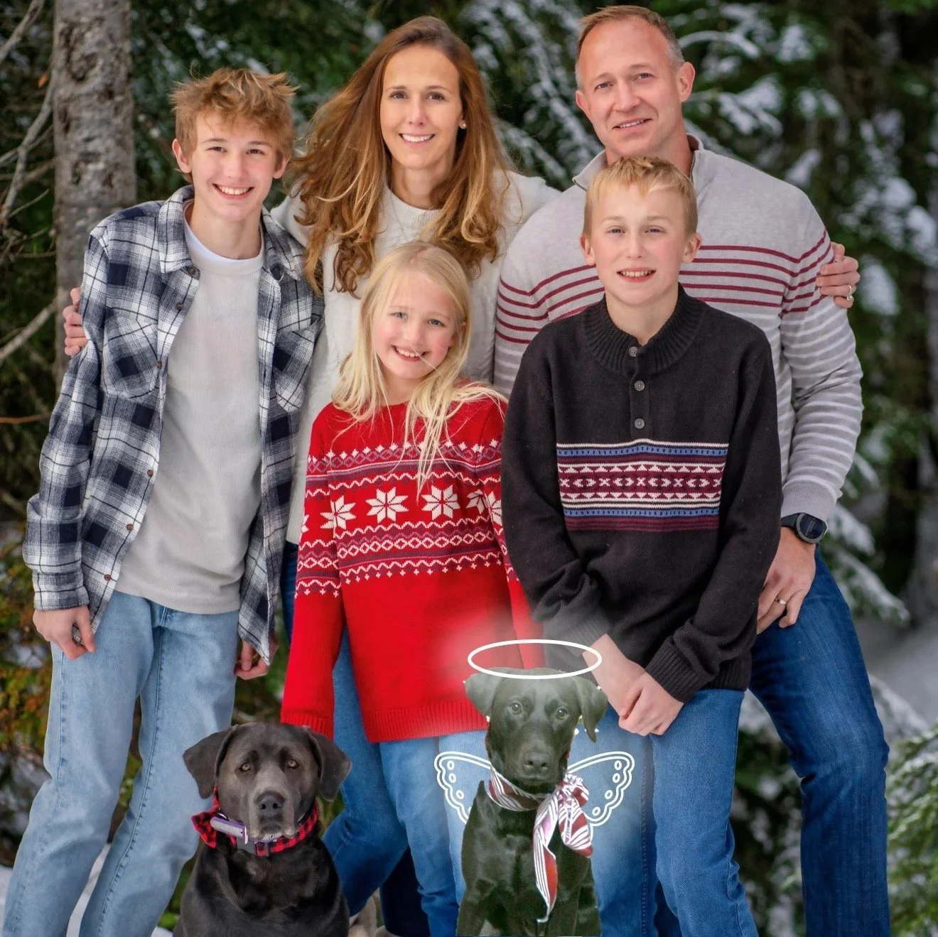 Family of six, including four children and two adults, standing outdoors in a wooded area with snow on the ground. Two dogs dressed with festive accessories, one with angel wings and a halo, are in the foreground.