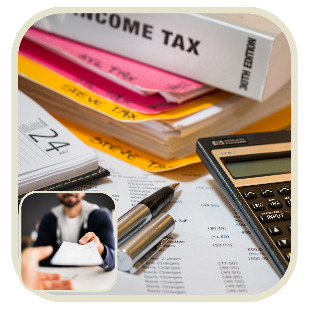 A desk setup with a calculator, pens, and various papers, including a tax-related document, with a small inset photo of a person handing a receipt to another person.