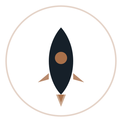 A rocket ship inside a circular border on a black background.