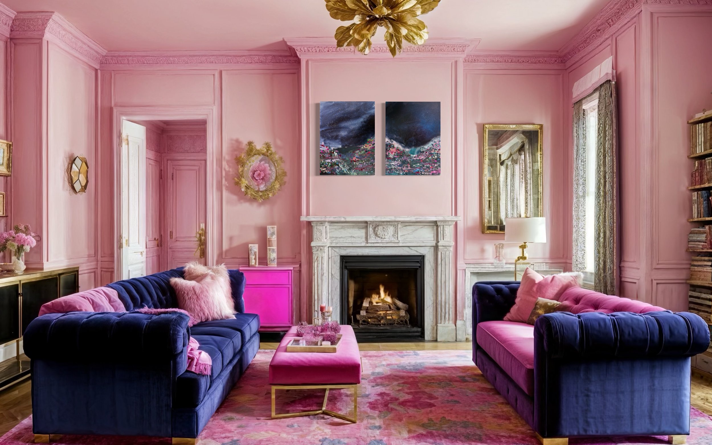 A vibrant living room with pink walls, blue velvet sofas, and a pink ottoman. A white marble fireplace is centered on the wall above a colorful rug, with Jocelyn Elizabeth's artwork hanging above. 