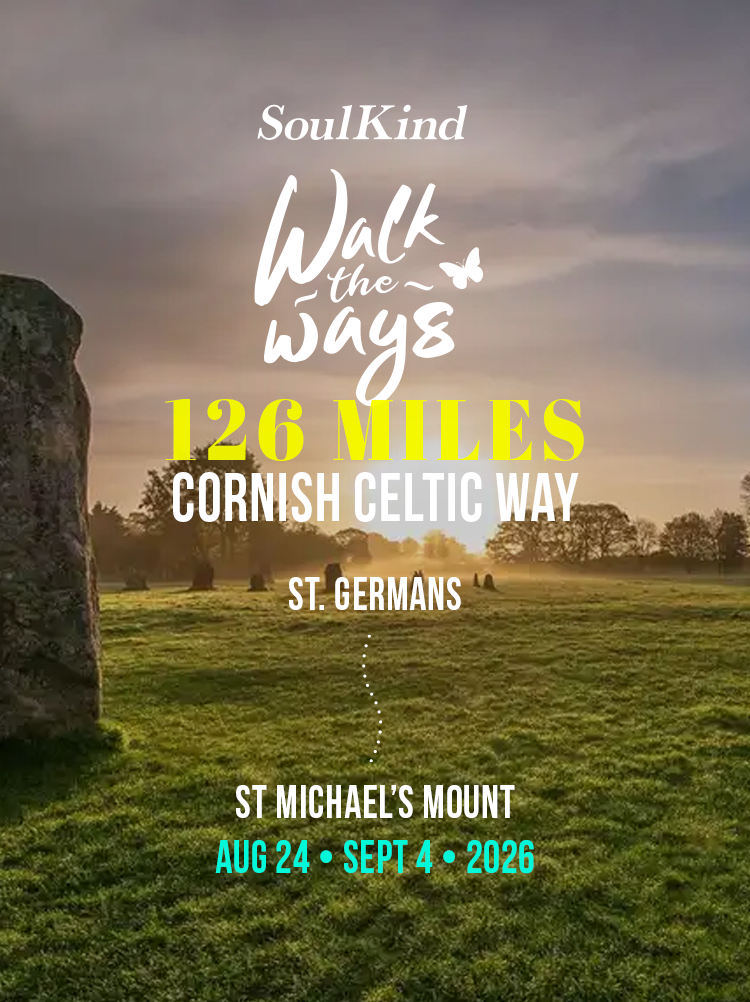 A scenic landscape with a grassy field, trees, and a cloudy sky at sunrise or sunset. Text overlays indicate a walking event called 'SoulKind Walk the Ways,' covering 126 miles along the Cornish Celtic Way from St. Germain's to St. Michael's Mount, scheduled from August 24 to September 4, 2026.