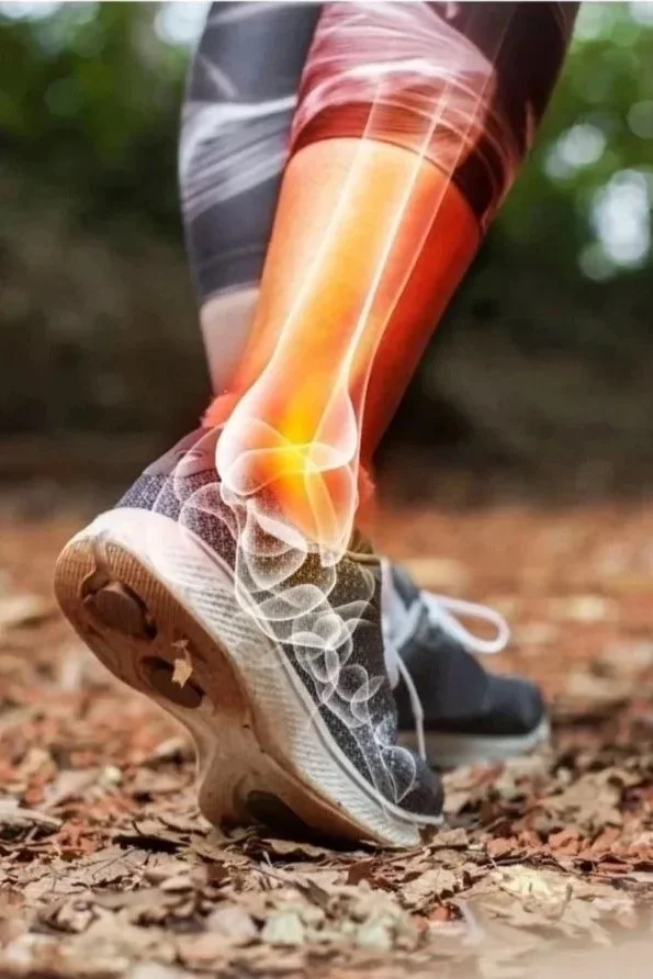 Close-up of a person running outdoors on a trail, with a digital overlay showing inflamed knee joint.