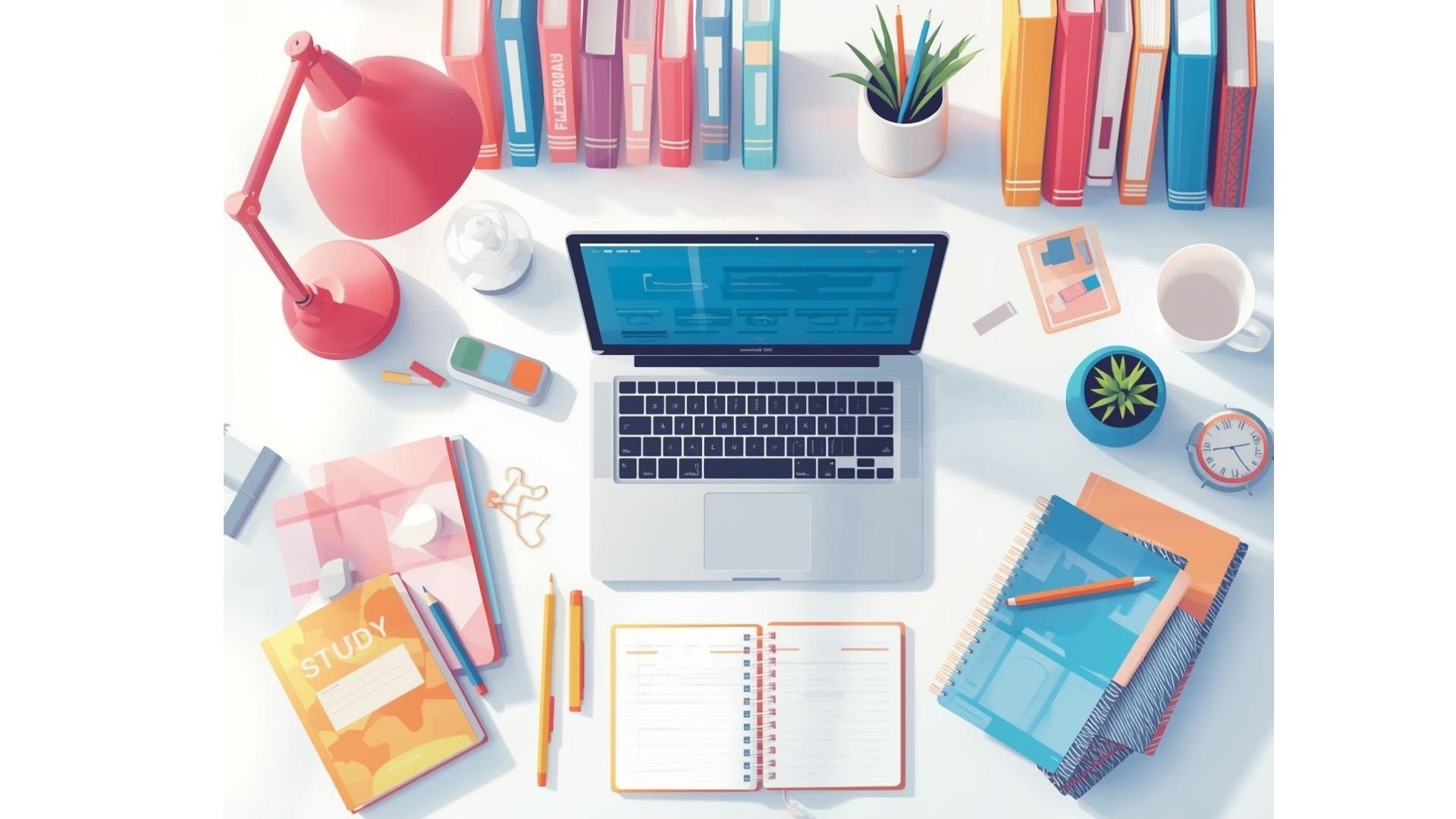 Overhead view of a workspace with a laptop at the center, surrounded by notebooks, pens, a study book, a desk lamp, a small plant, a coffee mug, a clock, sticky notes, a flashlight, and various colored books on a white surface.