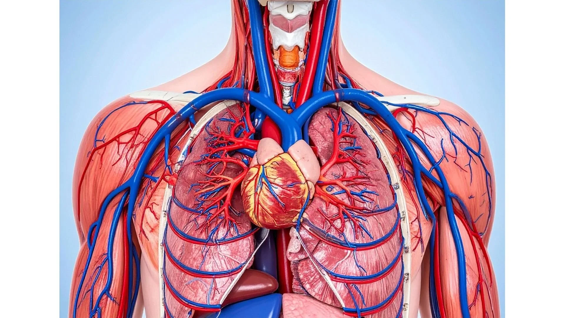 Detailed anatomical illustration of the human upper torso, showing muscles, arteries, veins, the heart, lungs, and surrounding structures.