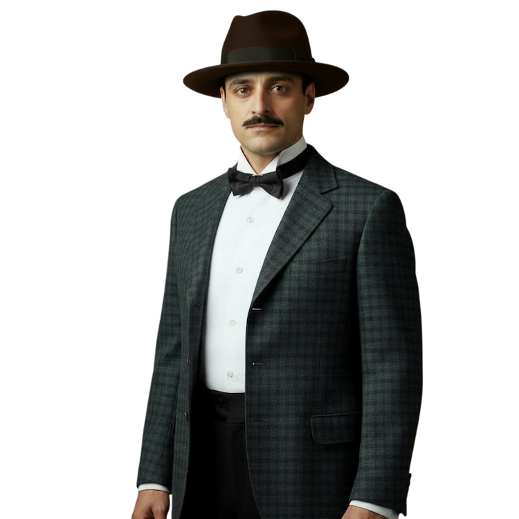 Golightly dressed in sports jacket, bow tie, wearing a Trilby and sporting a moustache,