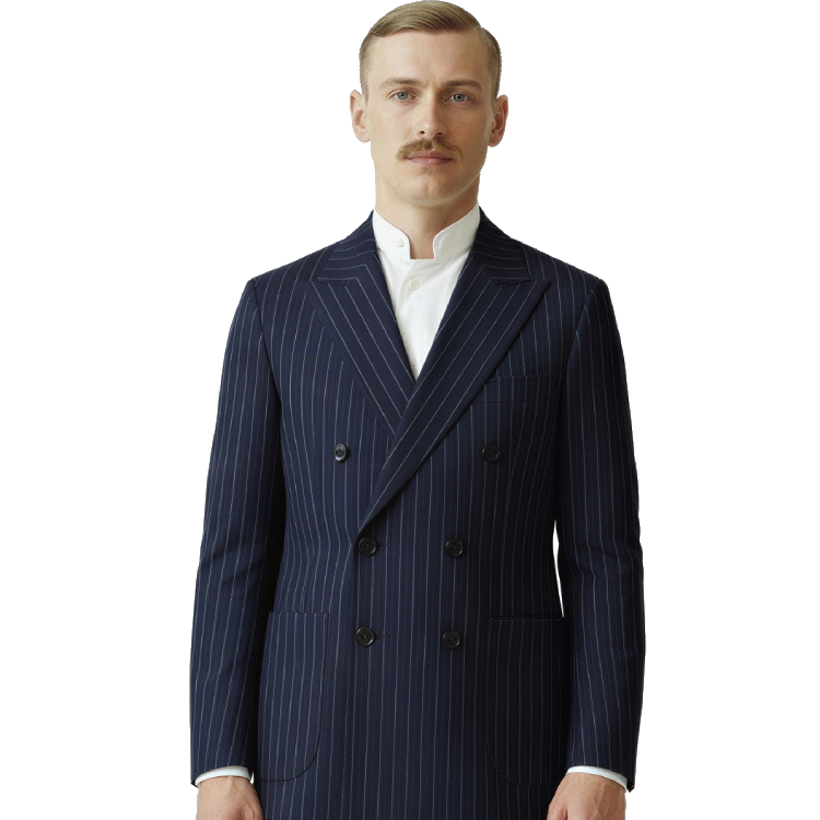 Echo wearing a dark navy pinstripe double-breasted suit with a white shirt.