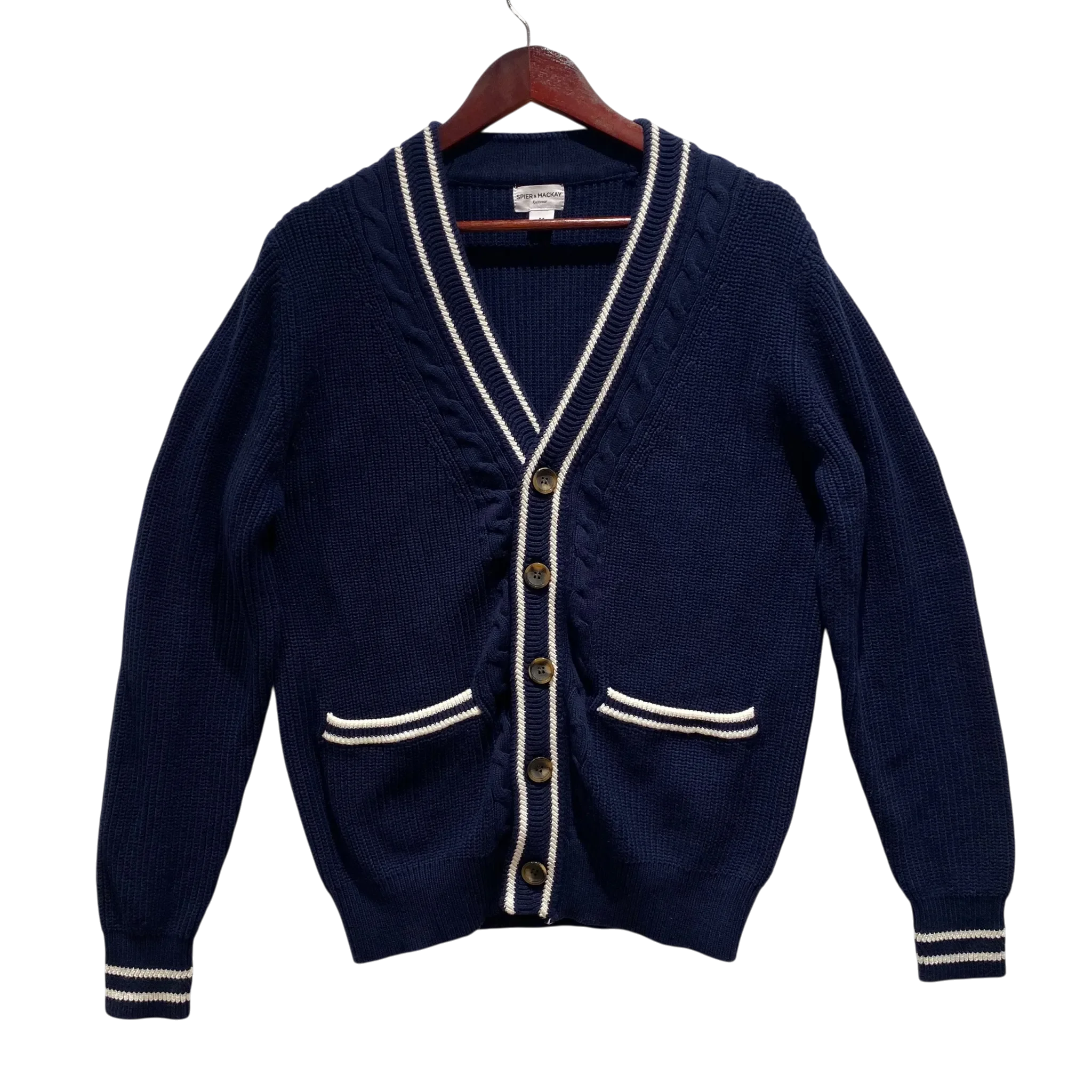 Spier & Mackay Knitted Navy Blue Cotton Cardigan with White Piping - Medium