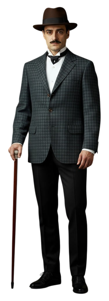 Golightly dressed in linen sports coat and brown Trilby hat, and holding a cane.