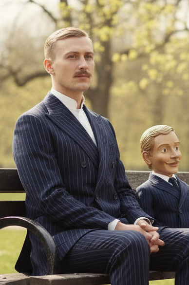 Prof Echo with moustache and short hair sits on a park bench beside, his look alike puppet, Charlie Silence sits beside him, both dressed in formal attire with suits and ties, outdoors with blurred trees in the background.
