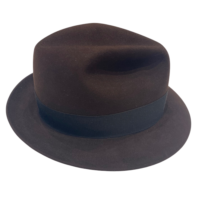 Brown Optimo beaver fur Trilby with black band around the base of the crown.