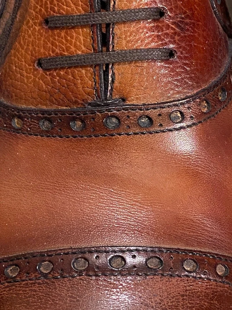 Close-up of a brown leather dress shoe with decorative perforations and black laces.