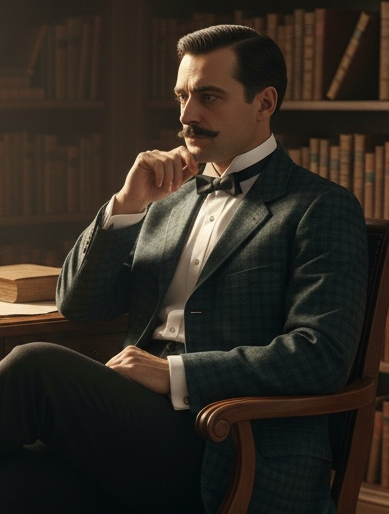 Golightly dark hair and a moustache, dressed in a jacket with a bow tie, sitting in a library with his hand on his chin.