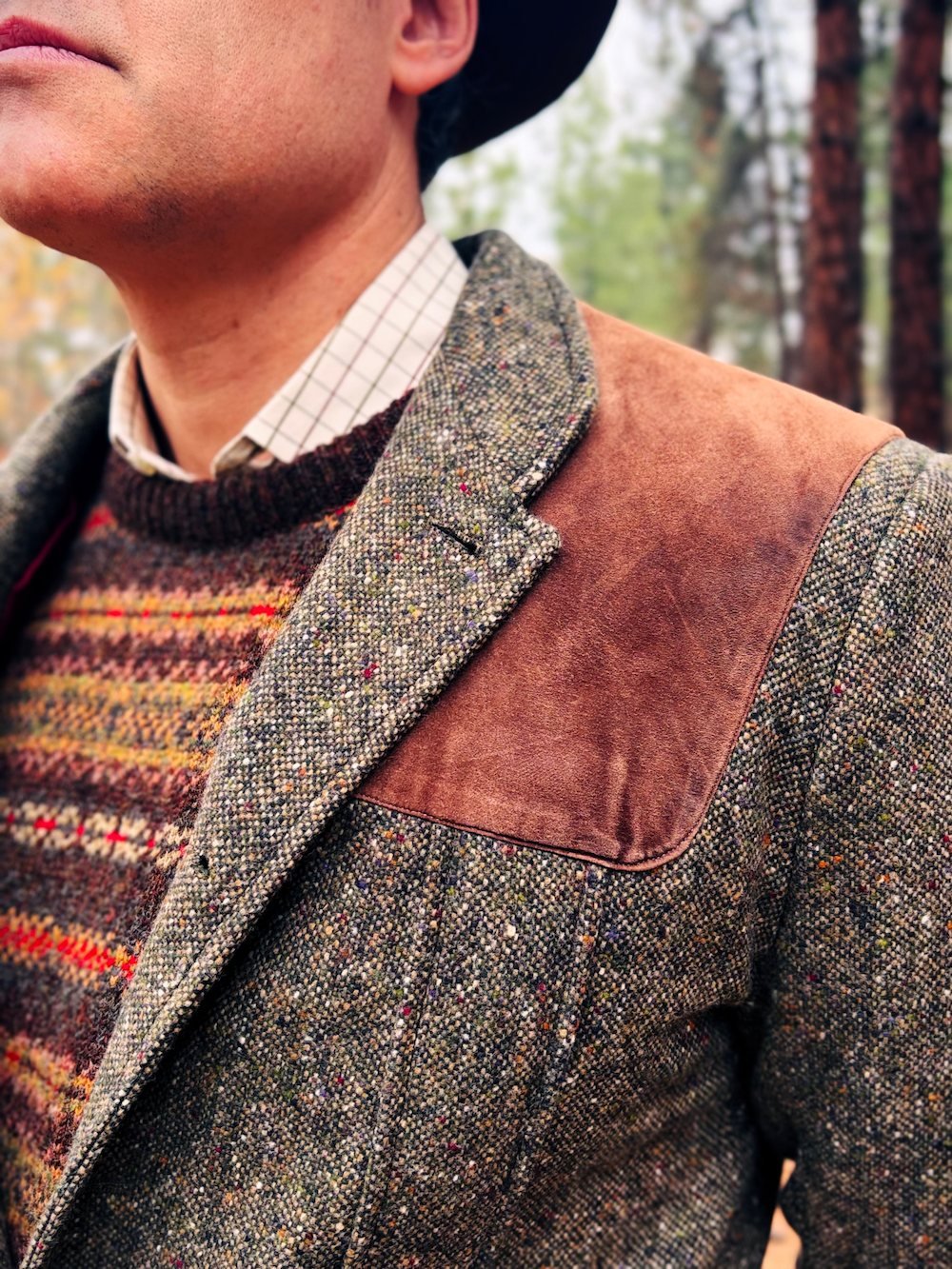 Close-up of D wearing a tweed jacket with leather patches on the shoulder, a collared shirt, and a colorful knitted sweater, outdoors with trees in the background.