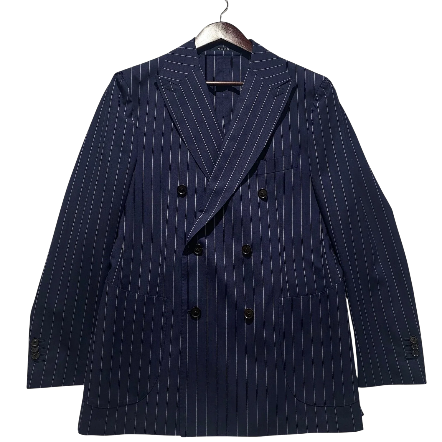 Poszetka Navy Blue Mid Weight Suit with White Pin Stripe - Trousers 34" / Jkt Euro 50