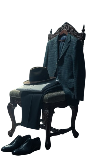 Linen Jacket and trilby neatly arranged on a chair alongside shirt and trousers, with black patent derbys lined up below the chair.