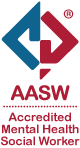 AASW logo with a stylized 'A' and 'S' in blue and red, and the text 'Australian Accredited Social Worker' and 'AASW' underneath.