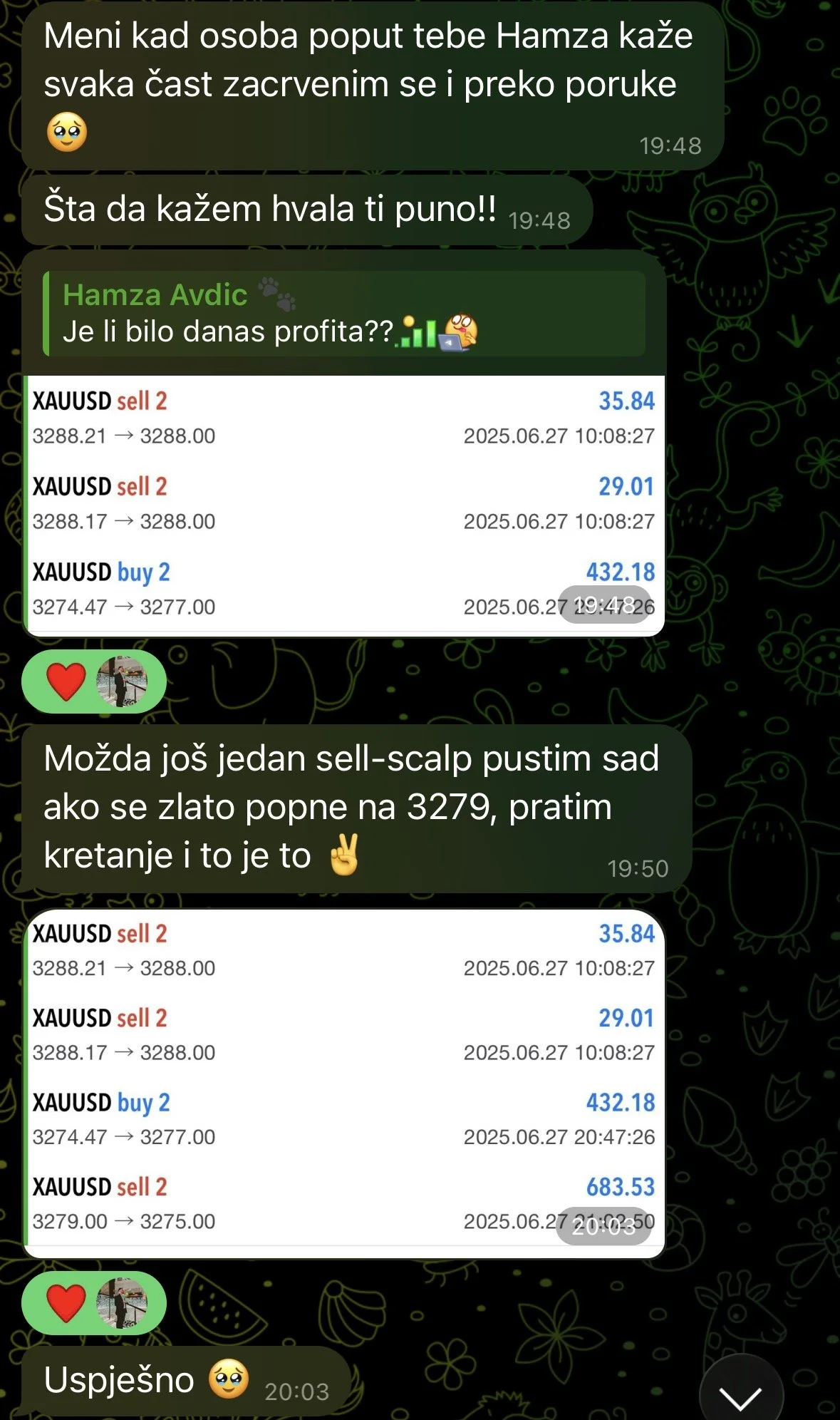 Screenshots of a WhatsApp conversation discussing trading stocks, with charts showing buy and sell orders, and messages expressing success in trading.