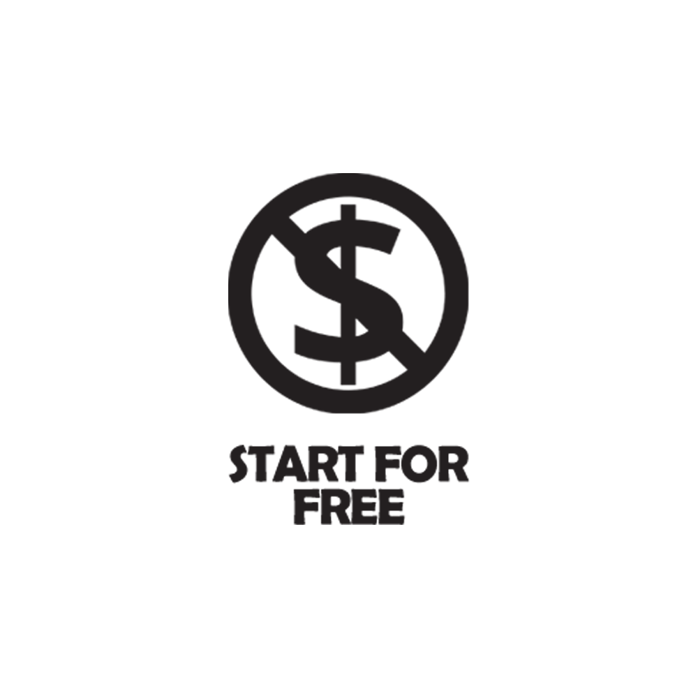 A black and white graphic of a dollar sign inside a circle with a slash through it, accompanied by the text "START FOR FREE" beneath.