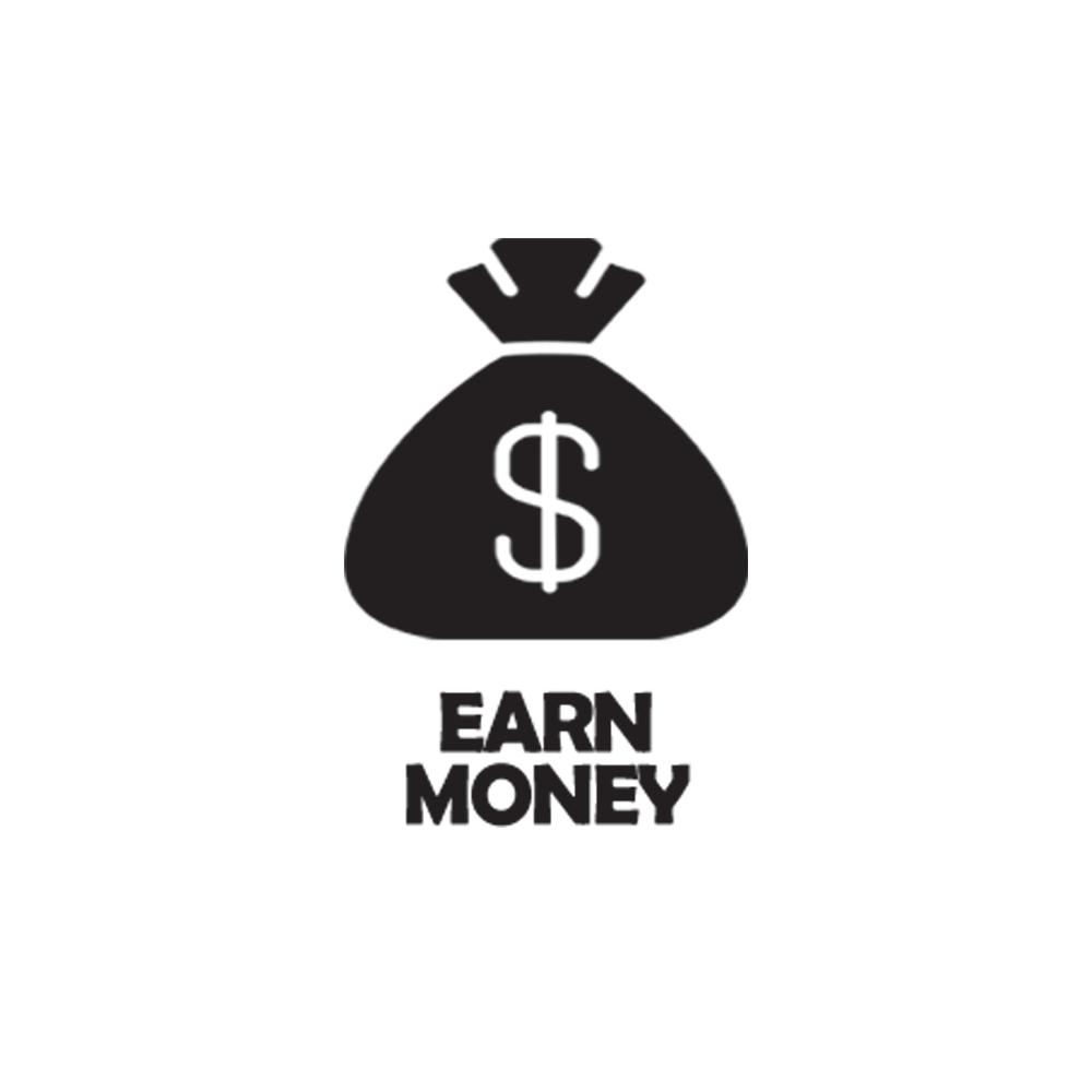 Icon of a money bag with a dollar sign, accompanied by the text "EARN MONEY".