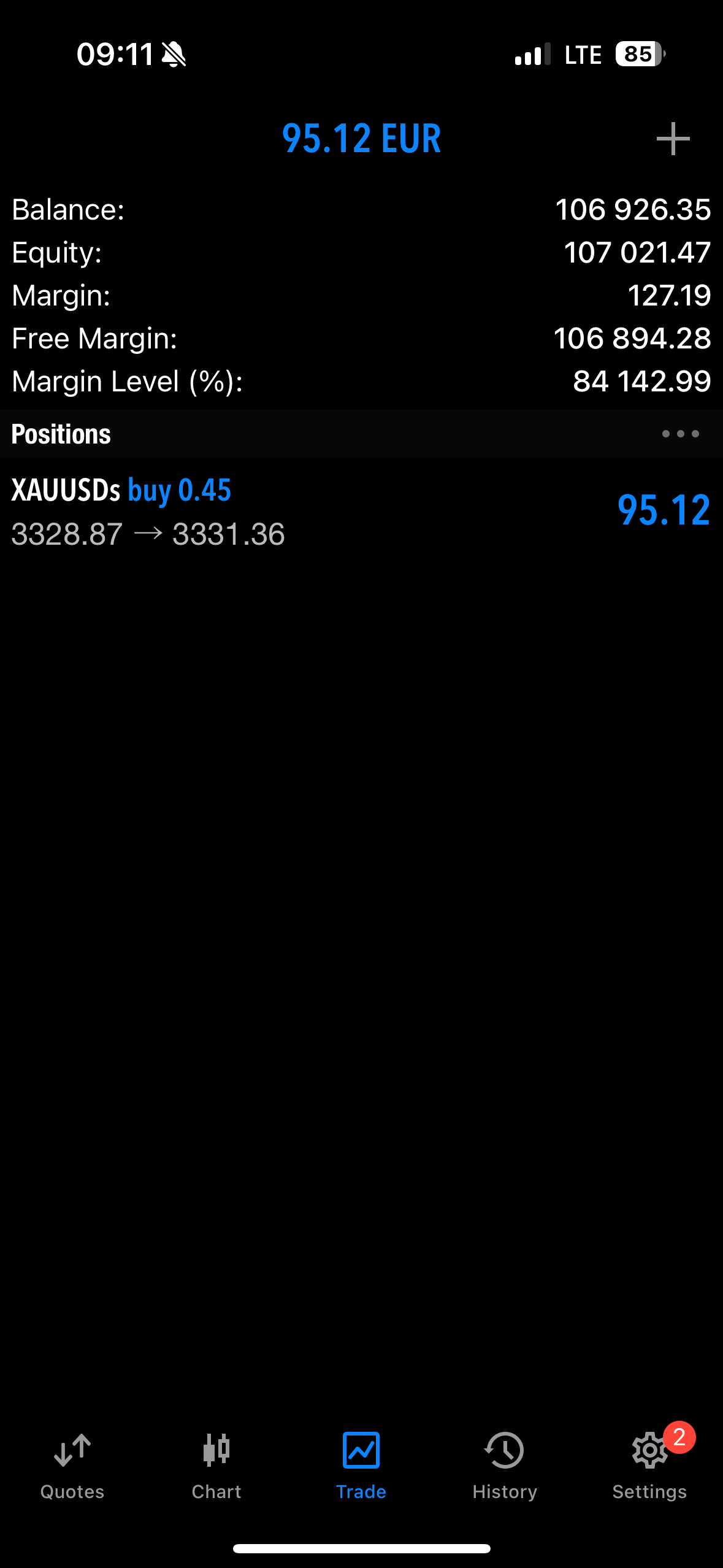 Mobile trading app screen showing a USD balance and a recent purchase of 0.45 gold worth 95.12 euros, with details of the transaction including buy price and price change.