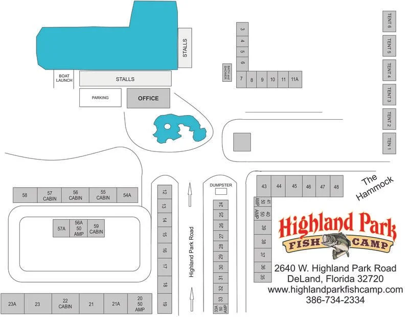 Map of Highland Park Fish Camp with labeled cabins, campsites, parking areas, tents, stalls, a boat launch, and an office, located at 2640 W. Highland Park Road, DeLand, Florida.