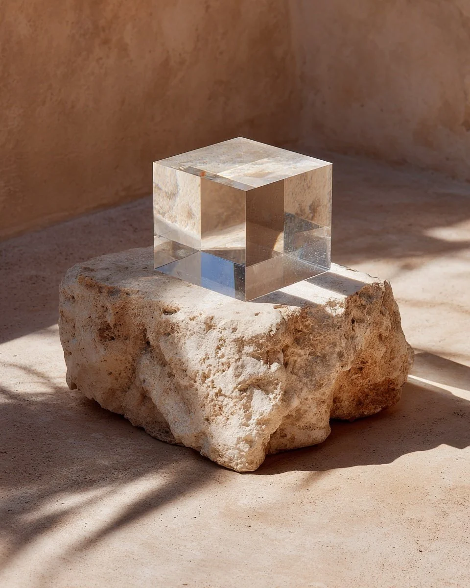 A transparent glass cube placed on a rough, light-colored stone block, with soft natural lighting creating shadows and reflections.