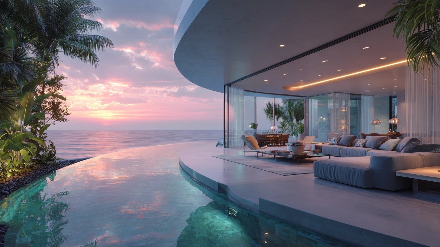 Luxury modern house with an open living area overlooking an infinity pool and ocean sunset.