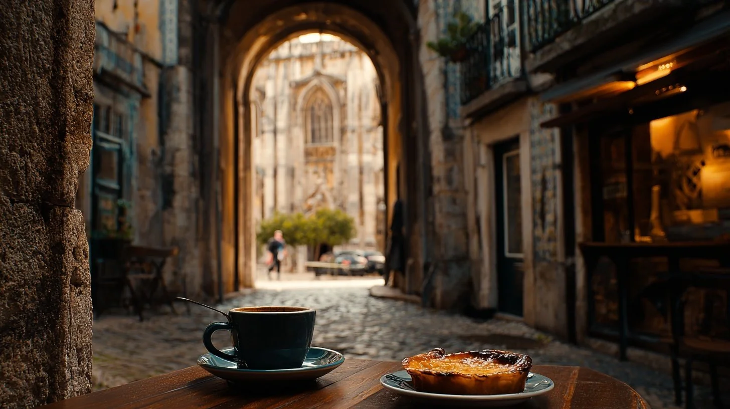 A cup of coffee and a slice of pie on a wooden table outside a cafe near a stone archway with an old building in the background.