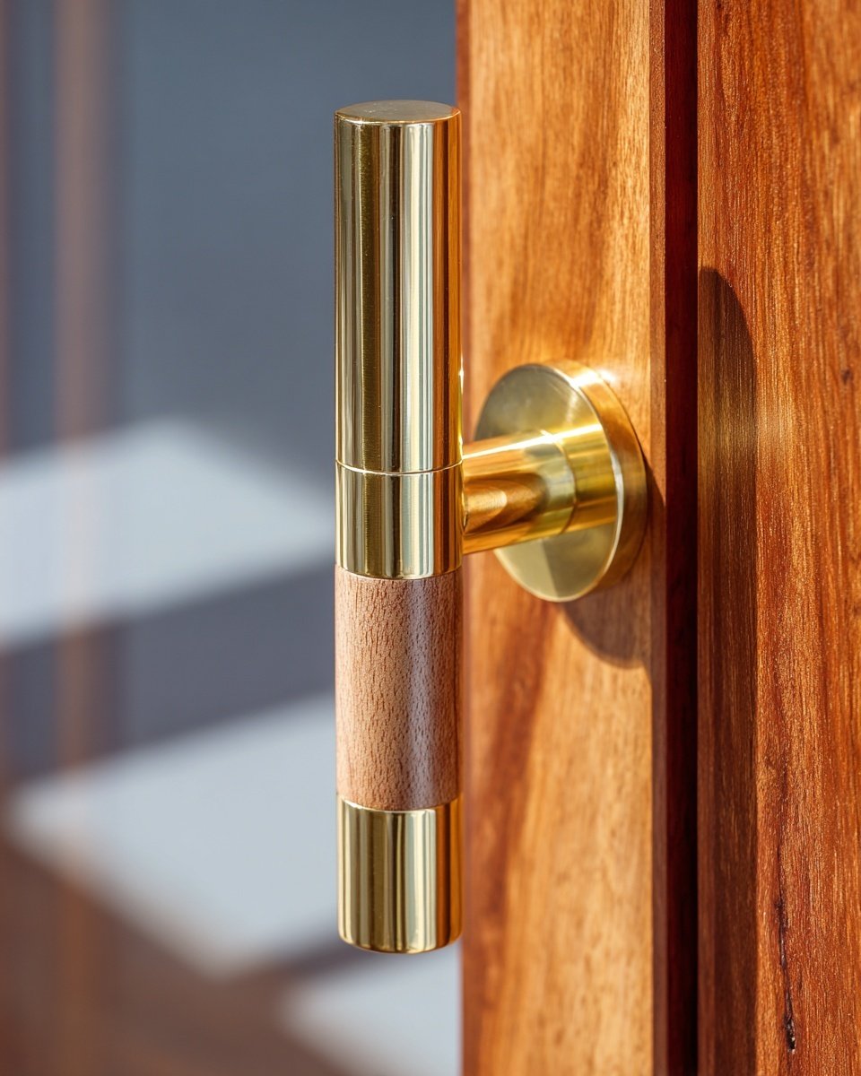 Close-up of a gold and wood door handle on a wooden door.