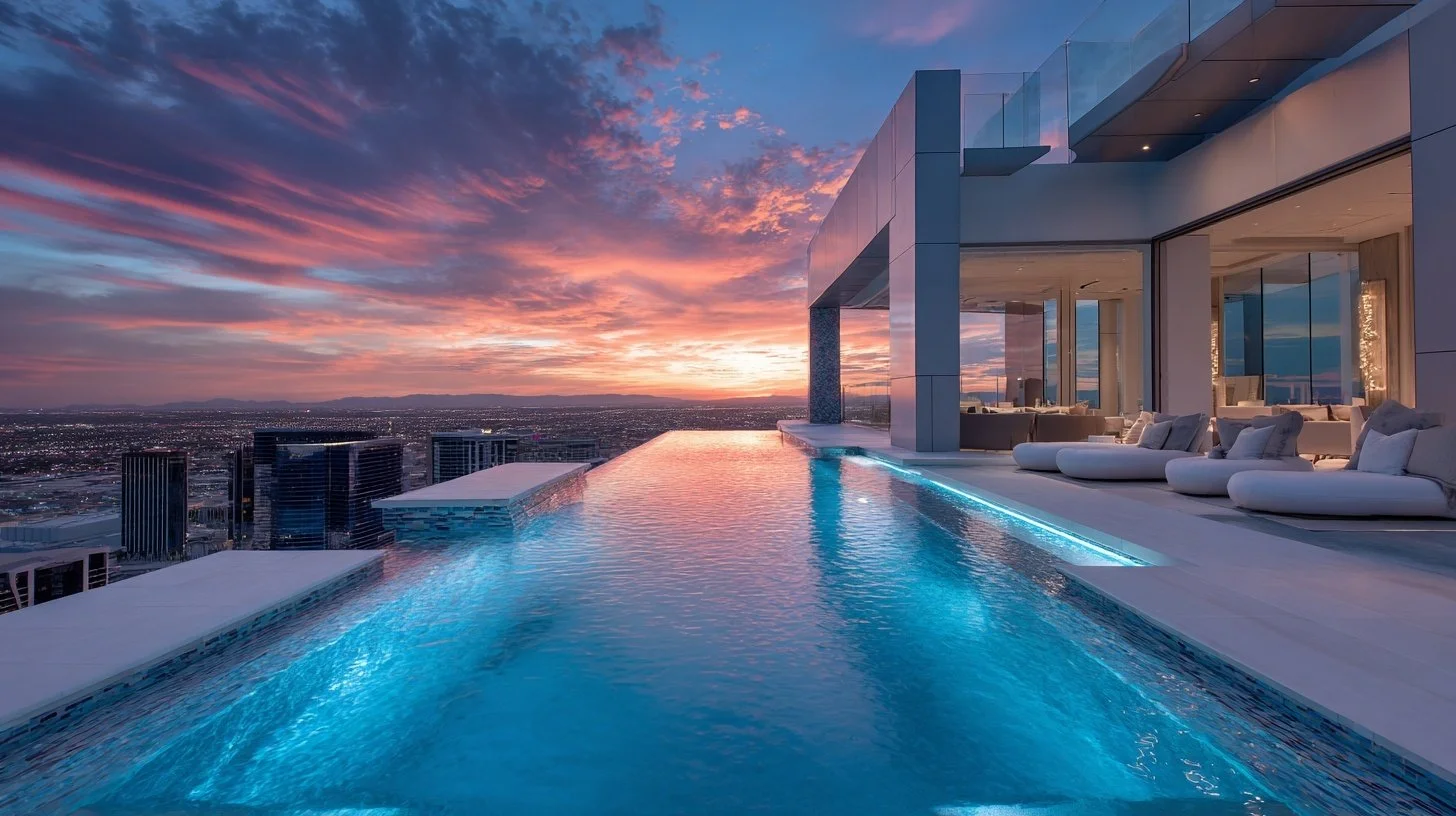 Modern rooftop infinity pool on a high-rise building with city skyline at sunset, overlooking a sunset sky with pink and orange clouds, and stylish outdoor seating.
